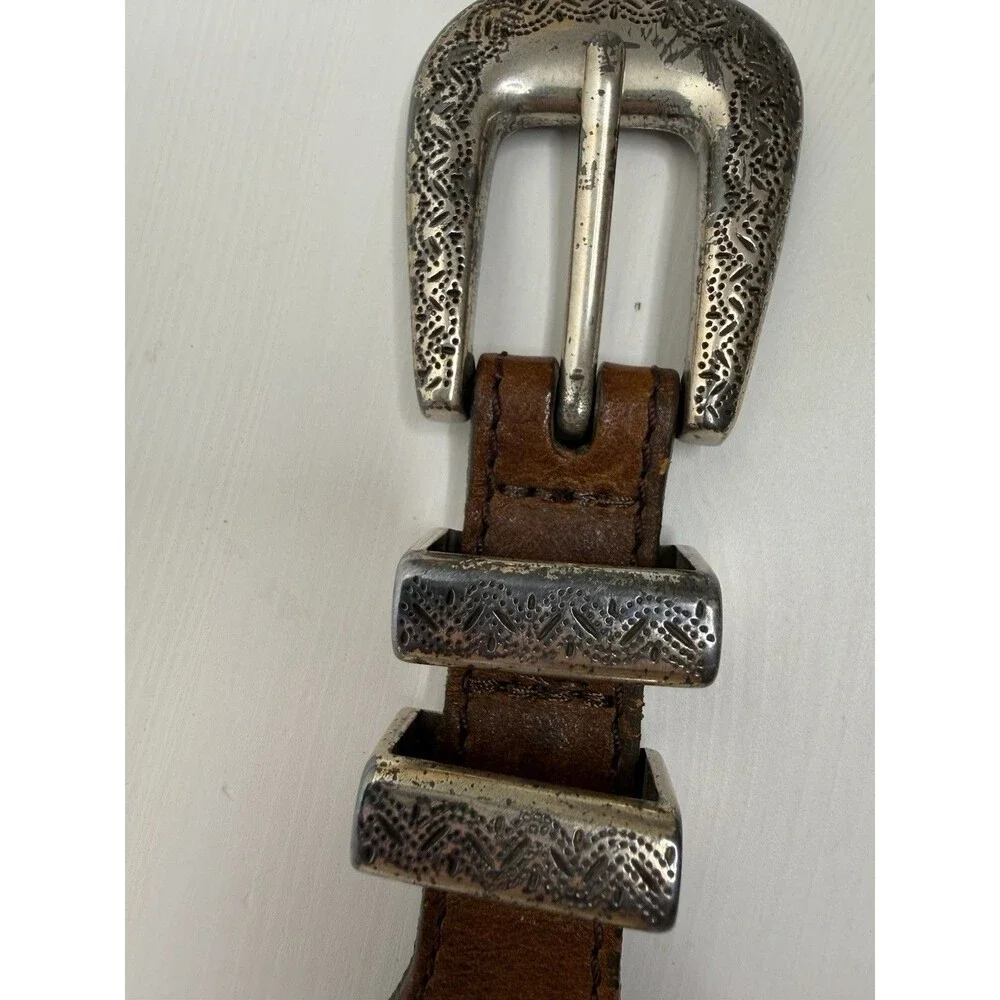 Vintage Tooled Leather Western Belt Silver Engraved Buckle Brown Size 40